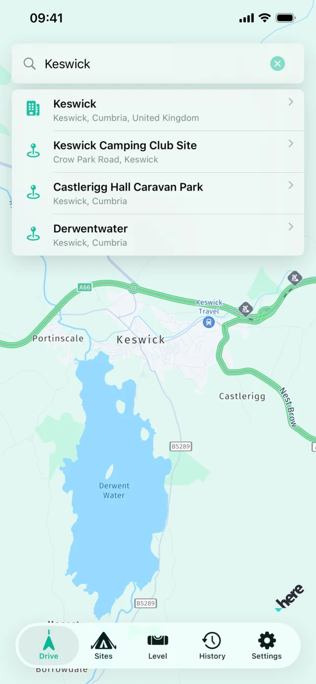 Destination search results for checking a campsite location before routing